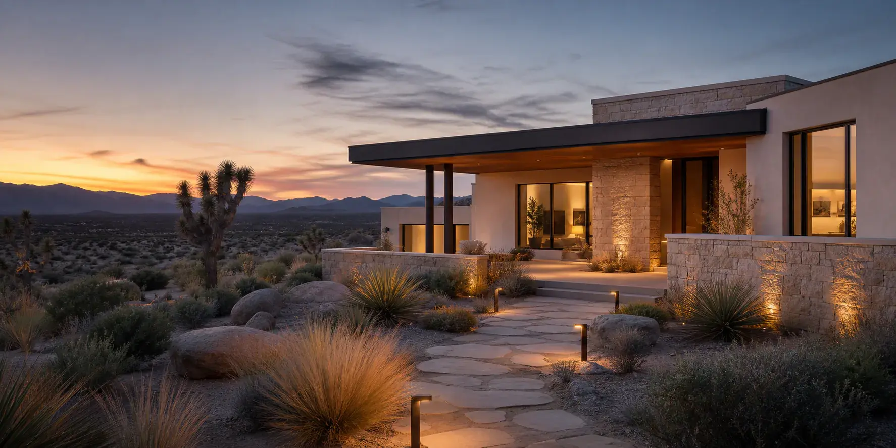 An Antelope Valley home and landscape at blue hour